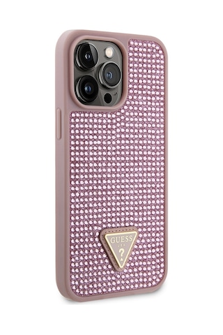 Apple Uyumlu iPhone 13 Pro Max Kılıf Guess Lisanslı Taşlı Arka Yüzey Üçgen Logolu Kapak Pembe