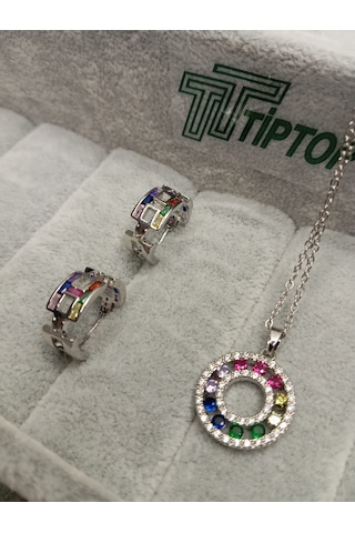 Tiptop/gümüş Renk Zirkon Taşlı Çok Renkli Kolye-küpe Set Çok Renkli