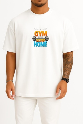 Bahriyeli Collection Oversize Gym Benim İkinci Evim Göğüs Baskılı Unisex T-shirt Beyaz