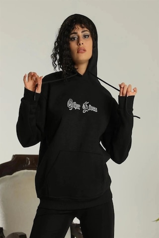 Defymoda Oversize Üç İplik Kapüşonlu Sweatshirt Siyah Other Lives Ön Ve Arka Baskılı, Şardonlu Kışlık, Ra Siyah