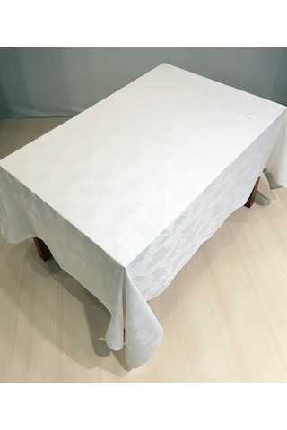 Misiny-Yaprak Desenli Beyaz Masa Örtüsü