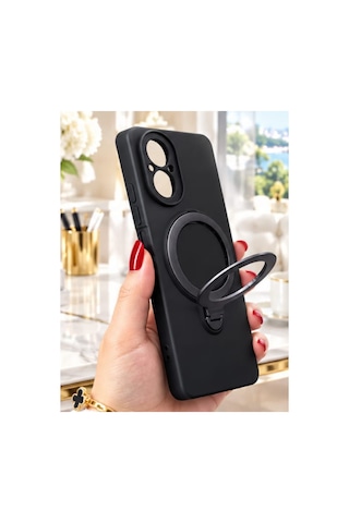 Realme C67 İle Uyumlu 360 Derece Dönebilen Kalın Metal Magsafe Halka Stantlı İçi Kadife Korumalı Ultra Lüx Premium Silikon Kılıf Siyah