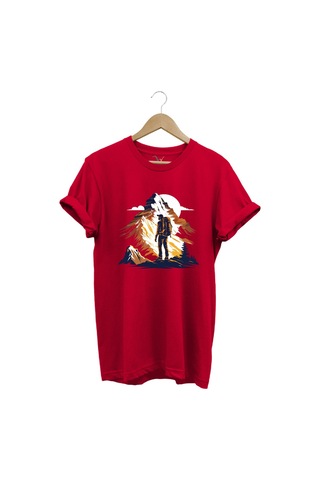 Mountain Dağ Yürüyüşü Ve Kar Manzara Baskılı %100 Pamuk Unisex Regular Fit T-shirt Kırmızı