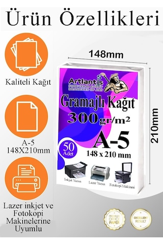 A5 Gramajlı Fotokopi Kağıdı 50 Adet 300 Gr Sertifika Kağıdı Kalın Kağıt Baskı Tüm Yazıcılara Uyumlu 14.8x21cm Ofis Büro