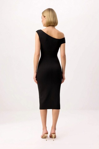 Benerly Kadın Asimetrik Yaka Düşük Kol Bodycon Midi Elbise Silky İnterlok Siyah