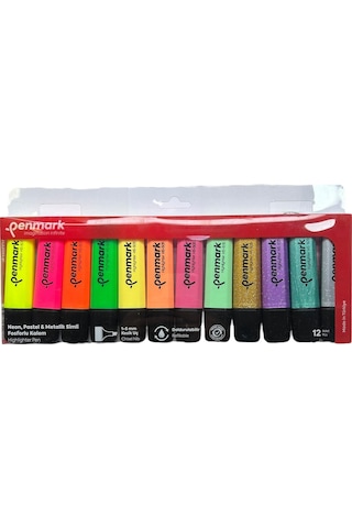 Penmark Fosforlu Kalem 12'li Asetat Karışık Renk 4 Neon +4 Pastel+4 Simli 8683181701878 Hs-505-12nps 709698 Çok Renkli