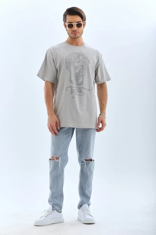 Zenna Tarz Unisex Oversize Taşlı Bisiklet Yaka T-shirt - Gri