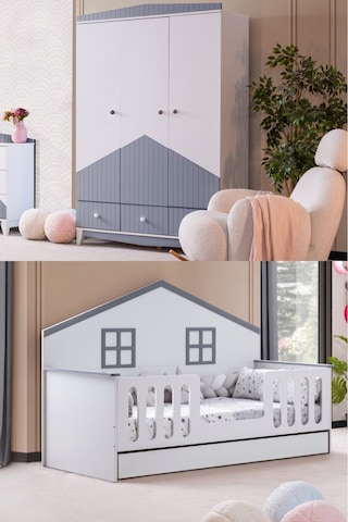 Bello Çocuk Odası Takımı, Bello Yavrulu Karyola, Fethiye 3 Kapaklı Dolap - Gri Renkli