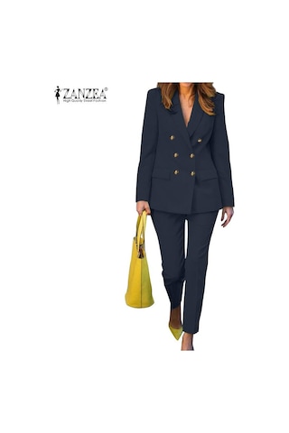 Zanzea Kadın Blazer Ve Pantolon Rahat İki Parça Takım Elbise Seti Koyu Mavi