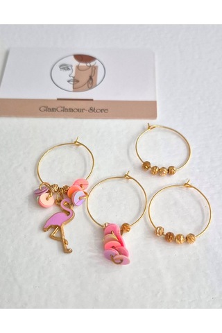 Pembe Flamingo Gold Halka Dörtlü Bayan Küpe Set Gold - Pembe