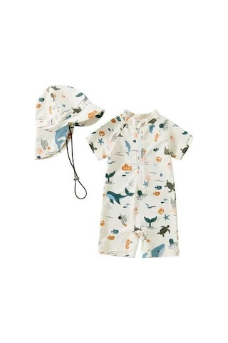 Fastbuy Bej Yürüyen Erkek Mayo, 3-12 Ay, 2-3 Yaş, Güneş Koruyucu Kısa Kollu, Fermuarlı, Hayvan Desenli Şapka Bej