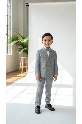 Bys Beystil Sivri Yaka Gri Çizgili Çocuk Kruvaze Elbise - Slim Fit