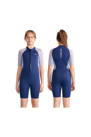 Dıve & Saıl 2.5mm Çocuklar Sıcak Kısa Kollu Tek Parça Wetsuit Gençlik Şnorkel Sörf Elbisesi Koyu Mavi