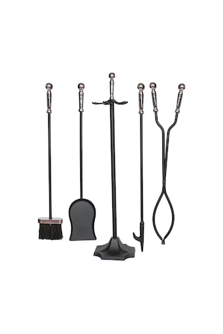 5 Li Lüx Ithal Gümüş Topuz Başlıklı Şömine - Soba Maşa Takımı Aksesuar Seti