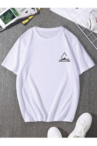Üçgen Dağ T-shirt - Beyaz Baskılı Oversize Bisiklet Yaka Kısa Kol Tişört Beyaz