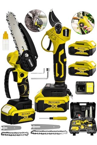 Steiner 18v Çift Akülü Çelik Şanzıman 35mm Dal Budama Makası & 15cm Budama Testeresi 2 Li Set Sarı