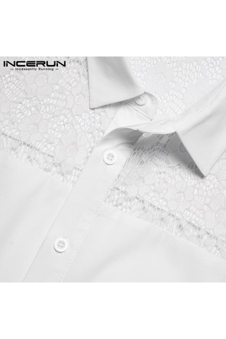 Incerun Erkek Dantel Patchwork T-shirt Yaz Kısa Kollu Düğmeler Aşağı Transparan Üstler Örgü Gömlek Erkek Giyim Beyaz