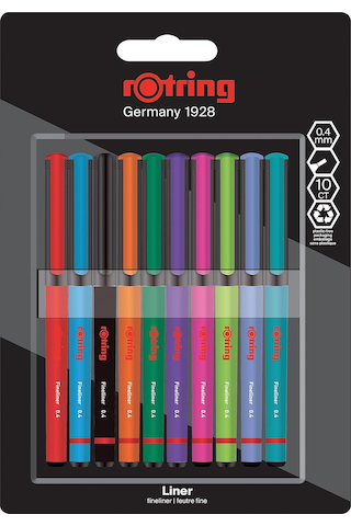 Rotring Fineliner İnce Keçe Uçlu Kalem 0.4 MM 10'lu Paket Karışık Renkler
