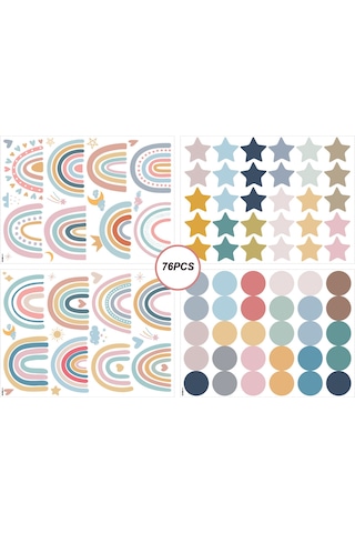 Geekyou Renkli Renkli Güneşin Arkası, Nokta Ve Yıldız Desenli 4 Adet Pvc Duvar Sticker Seti Toplam 76 Parça - Ev, Okul Ve Çocuk Odaları İçin Dekoratif Ve Kullanıma Kolay Çok Renkli
