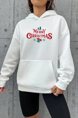 Primemagazam Yılbaşı Merry Christmas Baskılı Oversize Kapüşonlu Sweatshirt Hoodie - Beyaz Çeşitli