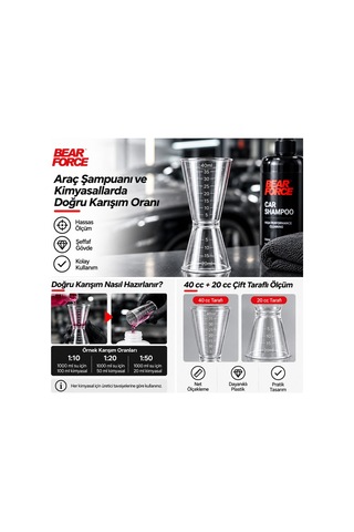 Robeve Bear Force 20 Ml + 40 Ml Çift Taraflı Ölçü Kabı Dereceli Şeffaf Kimyasal Dozaj Kabı, Araç Şampuanı Oto Yıkama Detailing Karışım Ve Sıvı Ölçüm Aparatı