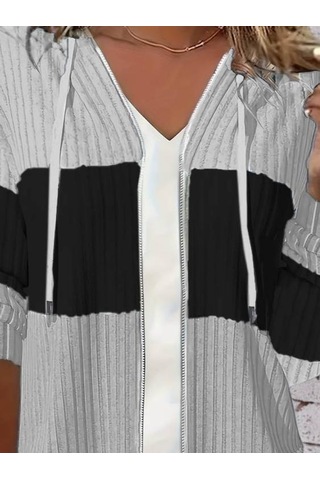 Kadın Uzun Kollu Kapşonlu Önden Fermuarlı Blok Desenli Şardonlu Kaşkorse Ceket Gri