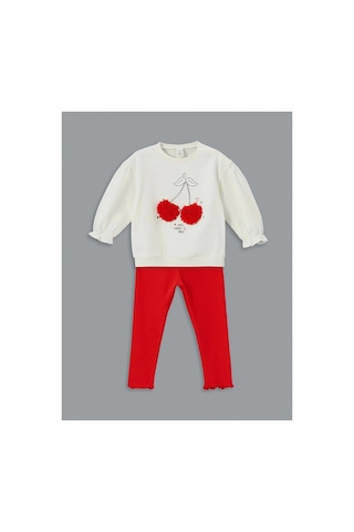 LC Waikiki Lcw Baby Ekru Bisiklet Yaka Kiraz Baskılı Kız Bebek Sweatshirt Ve Tayt 2'li Ecru