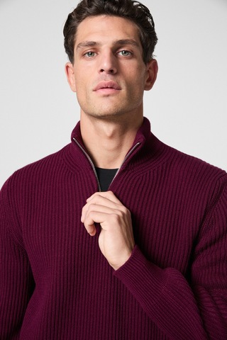 BERNARDO Erkek Yarım Fermuarlı Dik Yaka Triko Bordo Kazak
