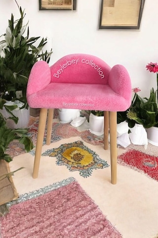 Makyaj Pufu, Pembe Renkli, Dekoratif Puf, Yüksek Ayaklı Puf, Mini Berjer Koltuk Pufu Pembe