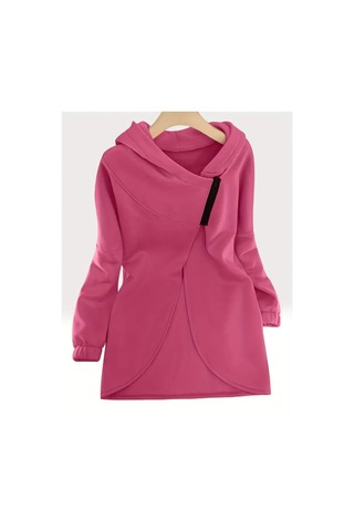 Pembe Kadın 3 İplik Şardonlu Kapüşonlu Ceket Asimetrik Fermuarlı Oversize Pembe
