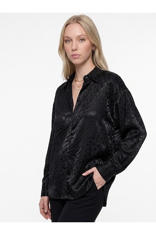 Pera Moda Jakarlı Oversize Uzun Şık Kadın Gömlek Siyah