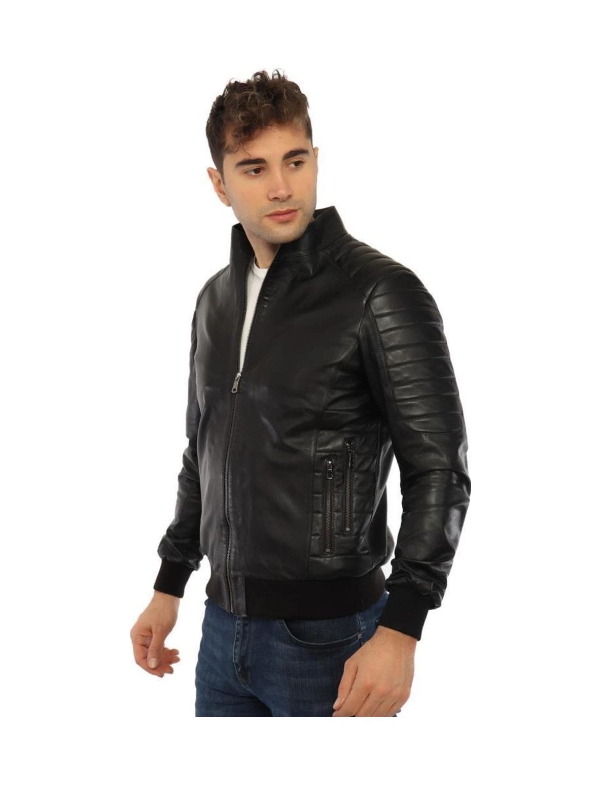 Hakiki Deri Siyah Sergio Fermuarlı Erkek Deri Ceket Siyah