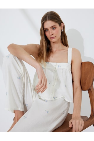 Koton Pamuklu-keten Karışımlı Askılı Çiçek İşlemeli Crop Pijama Üstü Pembe Desenli 5slk90011mw Pembe Desenli