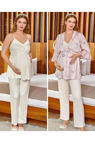 Cossy By Aqua 24527 Saten Sabahlıklı İp Askılı Hamile Lohusa 3 Lü Pijama Sabahlık Tk