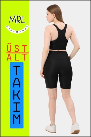 Kadın Siyah Takım Alt-üst Kısa Şort-tayt Ve Pedli Sporcu Büstiyer 2li Set Haki Renk Biyeli Elt3043 Siyah Haki