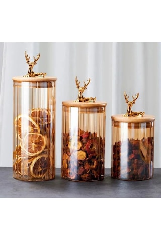 Morponi 3'lü Borosilikat Cam Geyik Figürlü Şık Çizgili Amber Cam Kavanoz Mutfak Seti 500-750-1000 Ml Amber