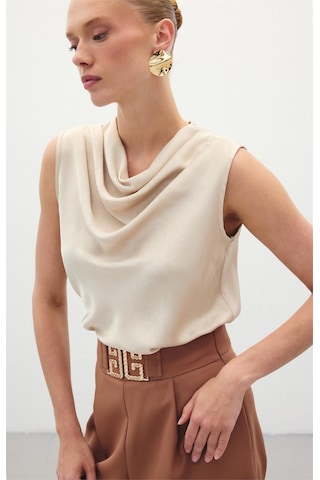 Sateen Degaje Yaka Saten Bluz - Bej-136197 Bej