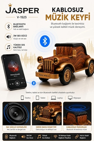 Jasper Jpr-1523 Dekoratif Bluetooth Hoparlör Telefon Standı Retro Klasik Araba Tasarım 3w 1200 Mah