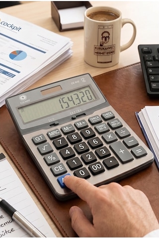 Hesap Makinesi Gri 15x20 Cm 1 Adet Cockpıt Ck-642 12 Haneli Büyük Boy Hafızalı Büro Masaüstü Hesap Makinası Gr