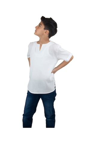 Eliş Şile Bezi Kısa Kol Şile Bezi Bisiklet Yaka Erkek Çocuk Tshirt Beyaz 3001
