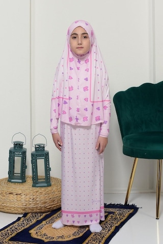 Çocuk Namaz Takımı Pratik İki Parça Desenli Kollu Tak Çıkar Başörtülü Likralı Tesettür Elbise 6-12 Yaş 901-0201