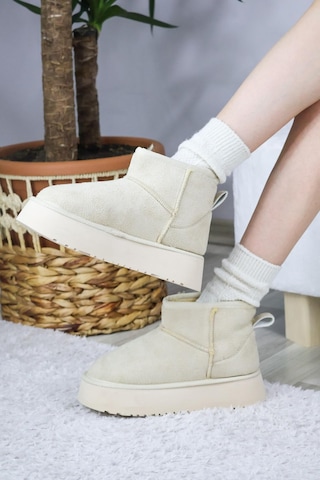 Asmi Shoes Kadın Pavro Süet İçi Kürklü Kalın Taban 4.5 Cm Mini Kısa Bot Krem Krem