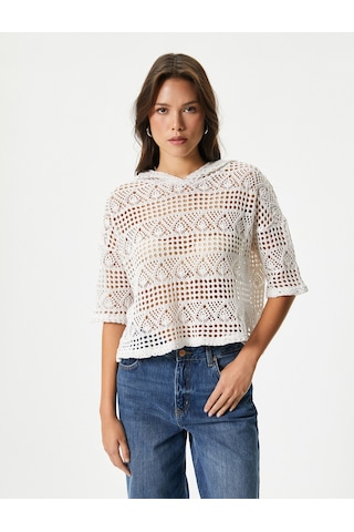 Koton Crop Ajurlu Sweatshirt Kapüşonlu Kısa Kollu Kırık Beyaz 4sak10453ek Ekru
