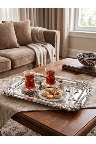 Yumeo Mila Dikdörtgen Aynalı Kulplu Gümüş Söz Nişan Ve Kız İsteme Tepsisi Çeyizlik Lüks Sunum 33x18 Cm