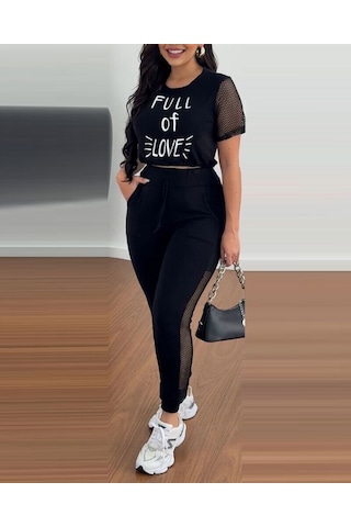 Modaserdem Kadın Kısa Kollu Bisiklet Yaka File Detaylı Viskon Iki Iplik Krop Ve Eşofman Altı Ikili Takım Siyah