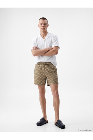 Lcw Swımwear Bej Kısa Boy Desenli Erkek Deniz Şortu