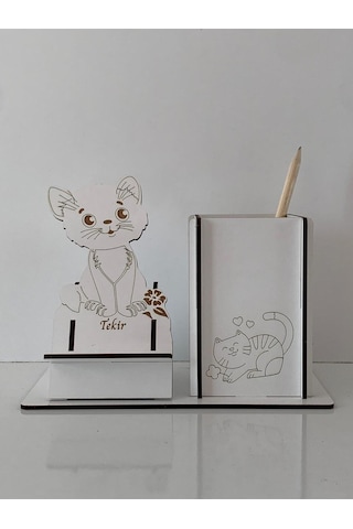 Ahşap Kedi Motifli Kişiselleştirilebilir Telefon Tutucu Ve Kalemlik