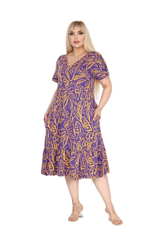 Melsay Butik Göğüsten Robalı V Yaka Kısa Kollu Mor Yaprak Desen Cepli Elbise Mor