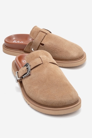 Vesta Toprak Süet Tokalı Hakiki Deri Kadın Burnu Kapalı Terlik Toprak