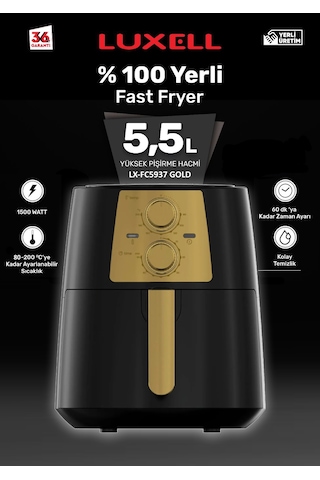 Luxell Lx-Fc5937 Air Fryer 5,5 L Fast Fryer Xl Fritöz-Black Gold